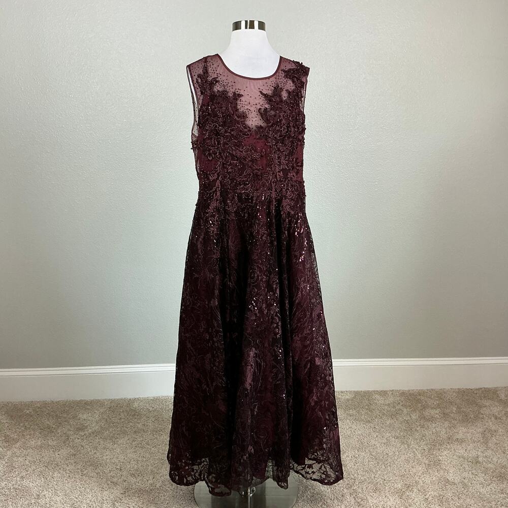 Mac Duggal 20421 Burgundy Red Evening Gown Beaded Lace Tea-Length Dress Size 12 - Picture 2 of 12